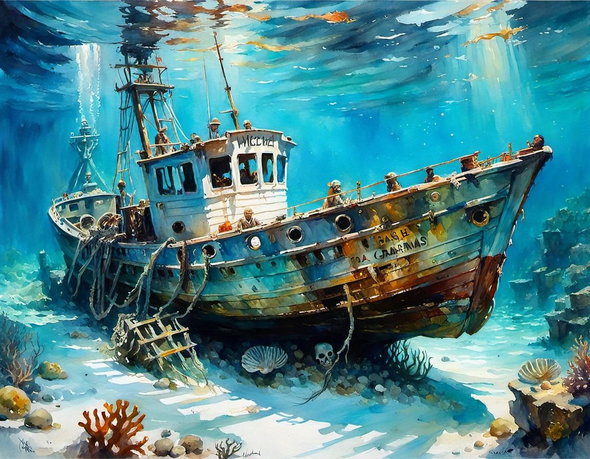 Watercolor painting of underwater wreck of fisherman's boat