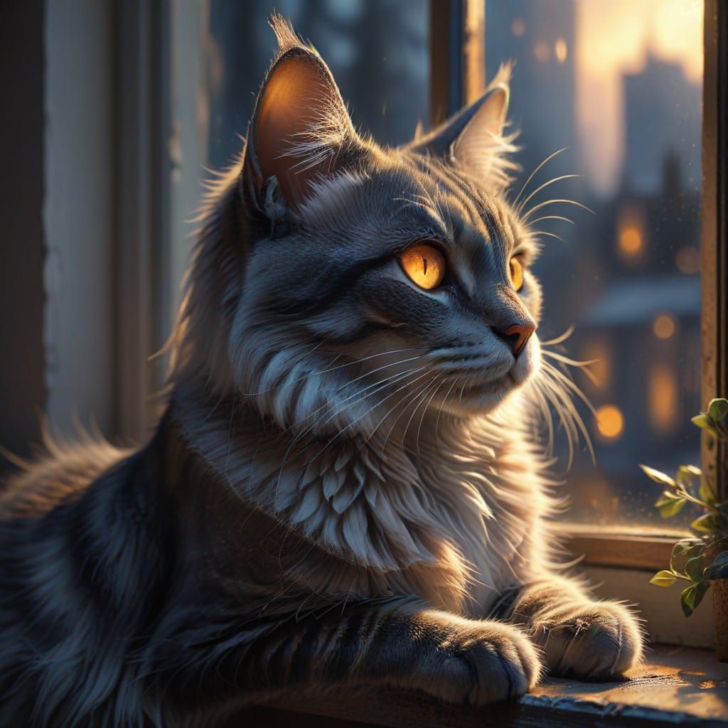 Ethereal Cat on Windowsill Digital Painting