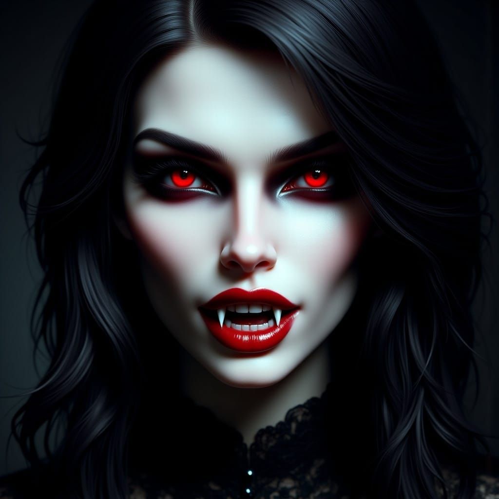 <lora:Thriller Fantasy V2:1.0> face portrait, Female Vampire with sharp fangs, red lipstick, sharp fangs