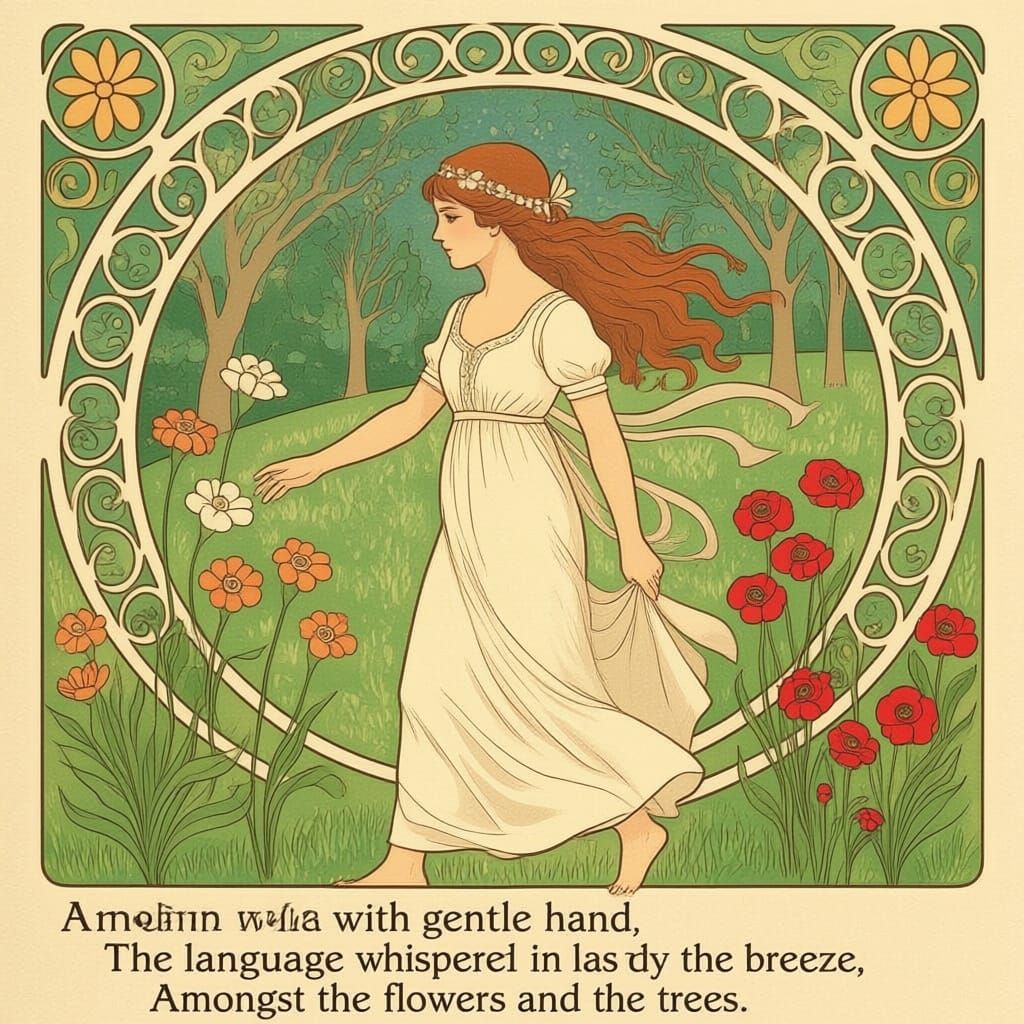 Art Nouveau poem story . 
A maiden walks, with gentle hand,
Touches petals, understands
The language whispered by the breeze,
Amongst the flowers and the trees.
Sanja Zivkovic