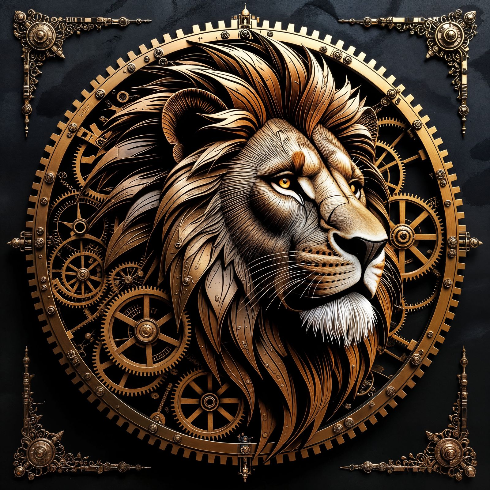 Intricate Gear Lion in Dark Steampunk Style
