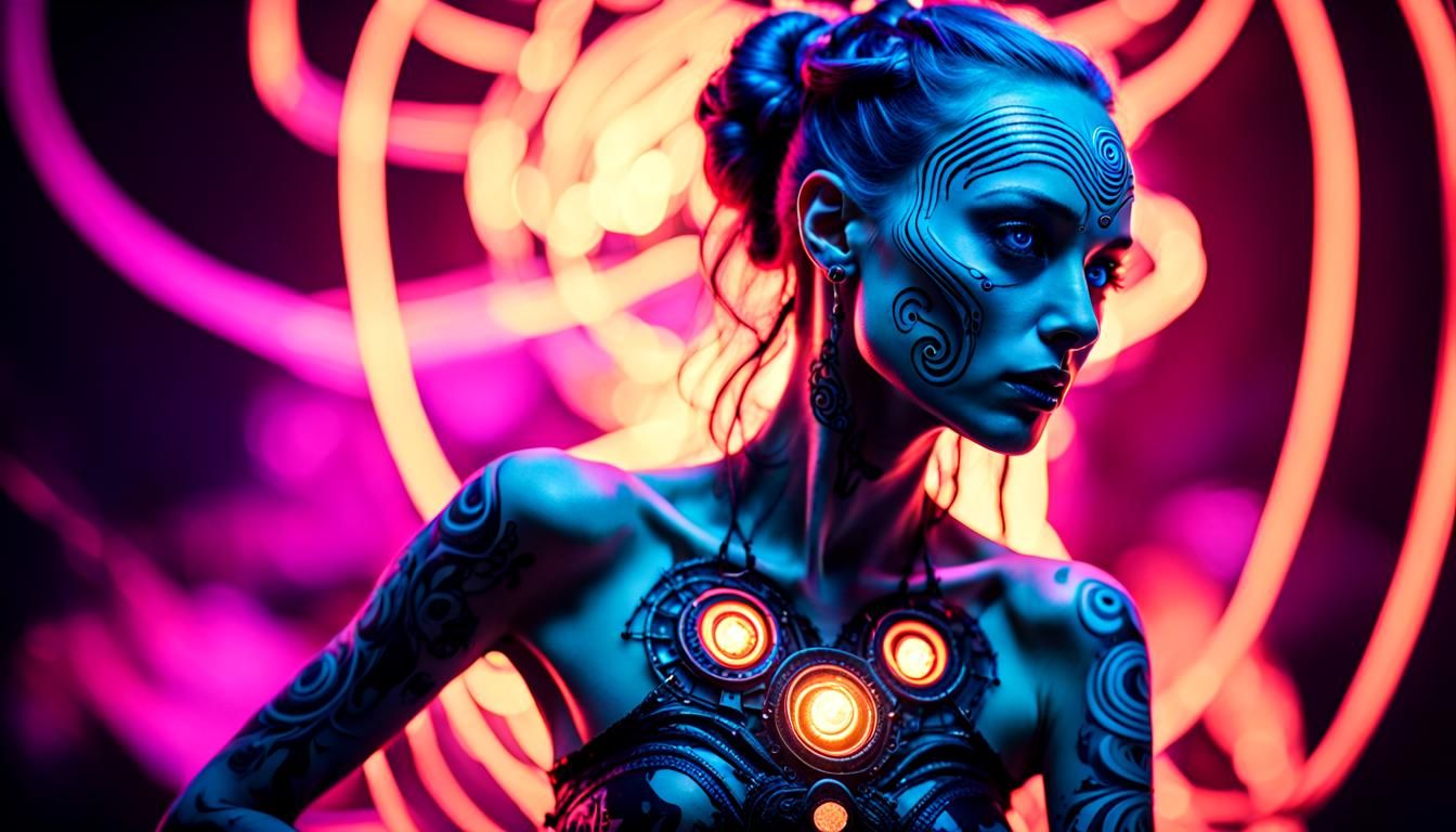 Alien Bride with Glowing Tattoos in Neon Dystopia