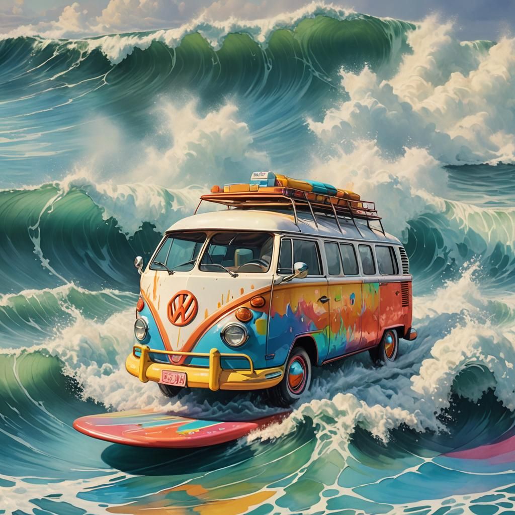 a rainbow sherbert colored VW bus on a surfboard riding a wa...