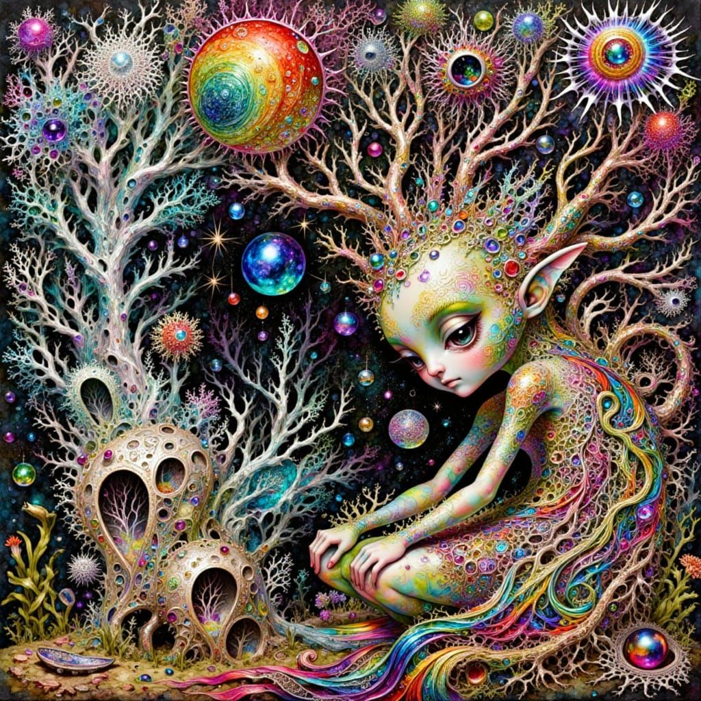 <lora:Orb Music:1.0> <lora:Intricacy Vibe:1.0> MYSTIC BEING WITH BOWED FRACTAL HEAD CONTEMPLATION, BICYCLE, Hebrew CHANTS, BELL, OWL, MIST, ...