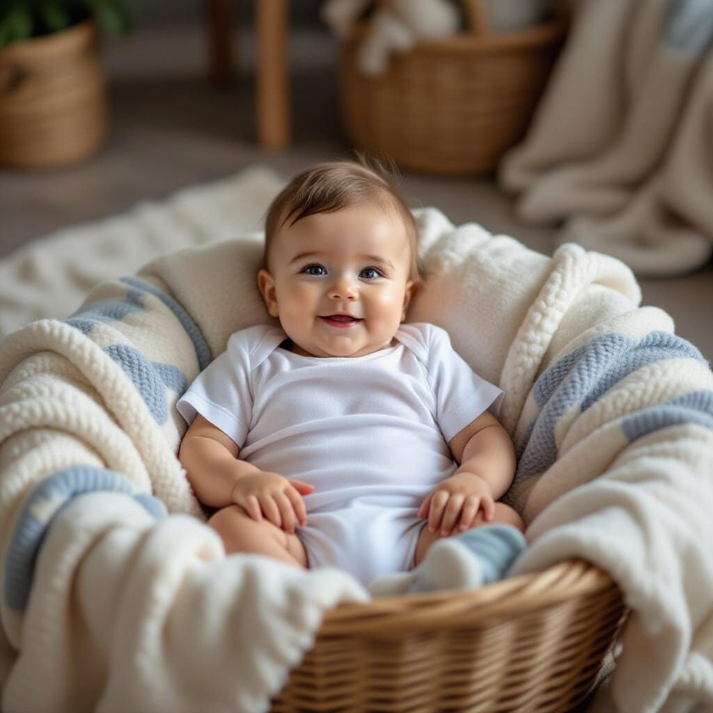 Baby Sitting in Laundry Basket Surrounded by Clothes