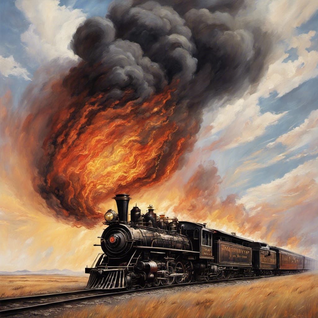 Painting of a black train on fire  pulled by a huge steam lo...