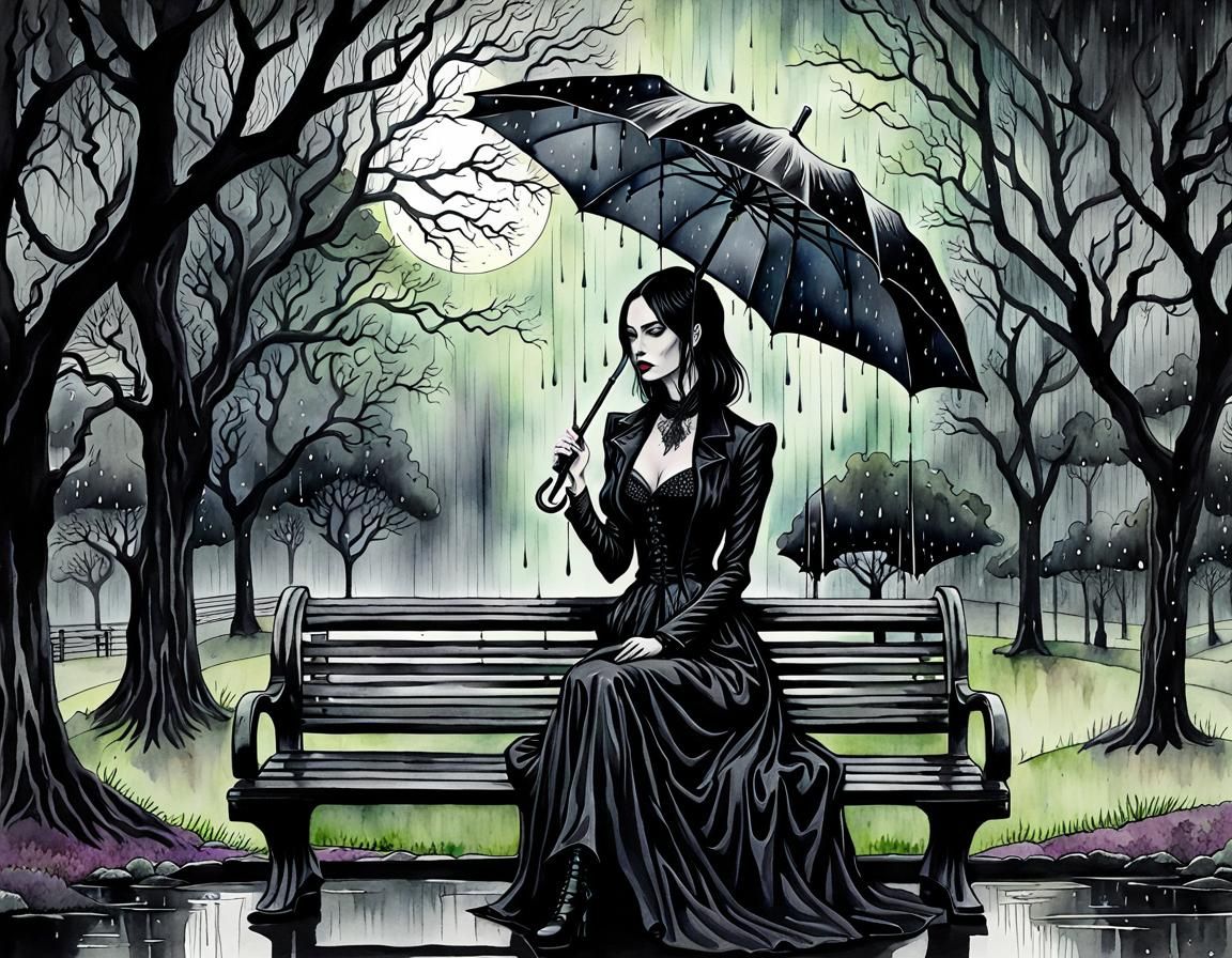 Goth Model in Rainy Park: Watercolor and Alcohol Ink Illustr...