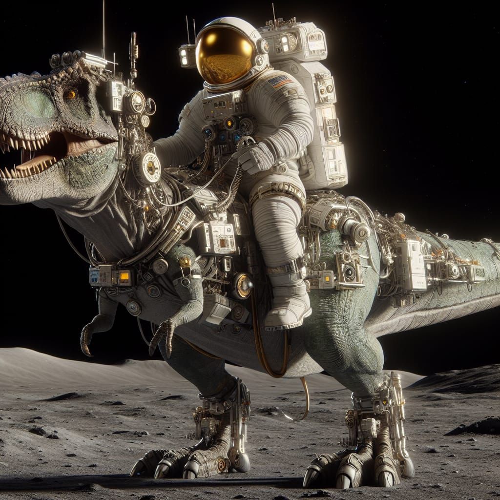 an astronaut riding a t-rex on the moon