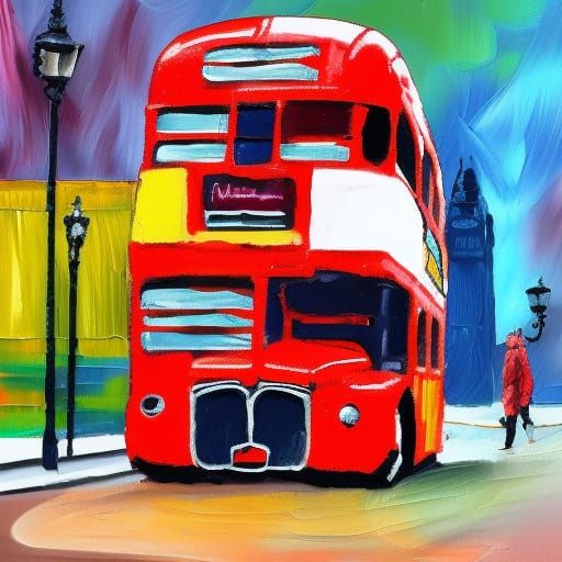 London double-decker red bus centered neo-impressionism expressionist ...