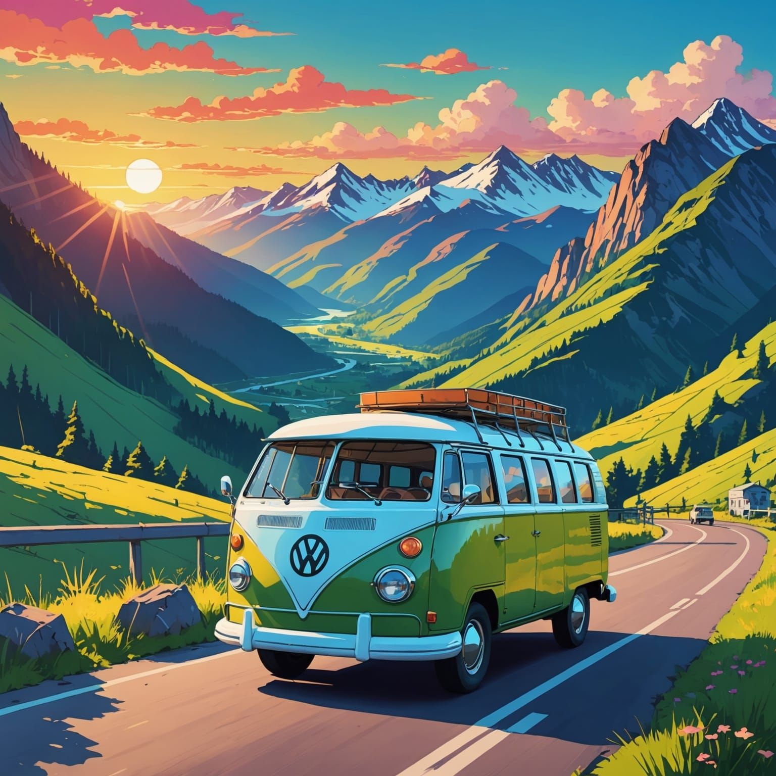 quirky beat-up dented sixties VW bus, parked on side of road overlooking beautiful mountain range, bright ...  by @Carrie David Parr 
