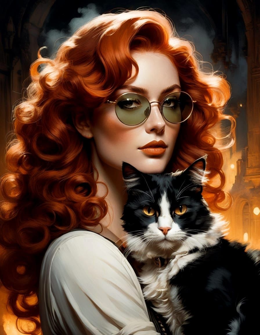 Redhead Nude with Cat in Frazetta Style