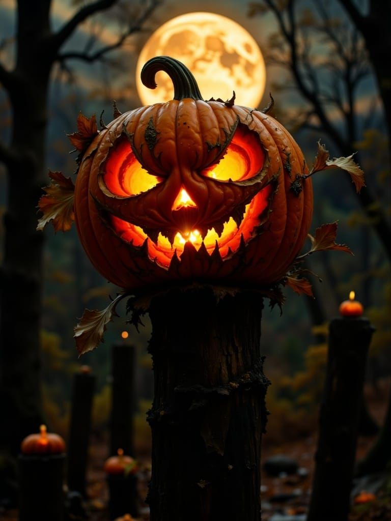 Dramatic Jack-o-Lantern Under Autumn Moon, Cinematic Film St...