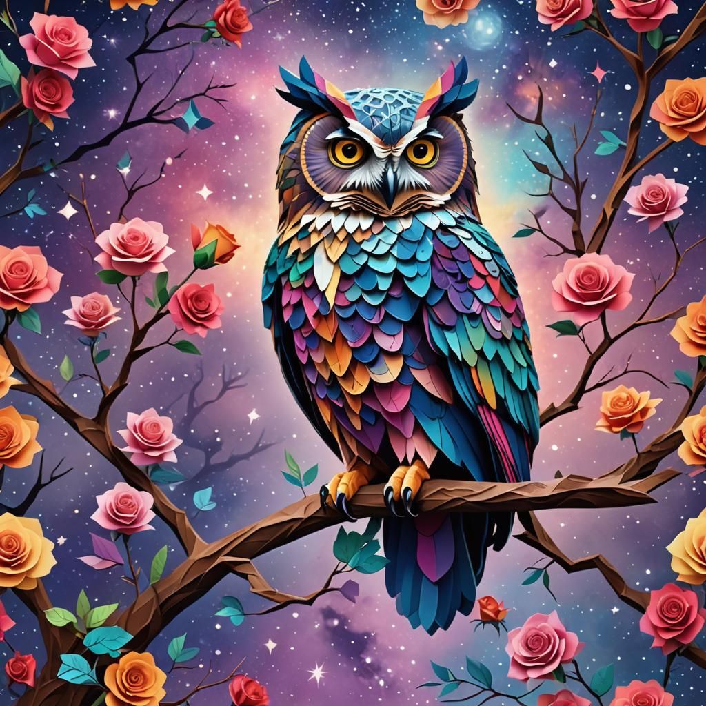 A papercut illustration of a Beautiful full shot full body of a majestic owl, on a tree limb with a rose, Vibrant Galaxy...