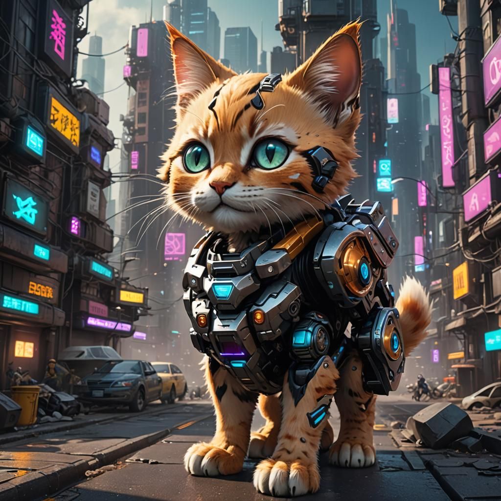 a cute sweet smiling mecha kitten lost in a big cyberpunk ci...
