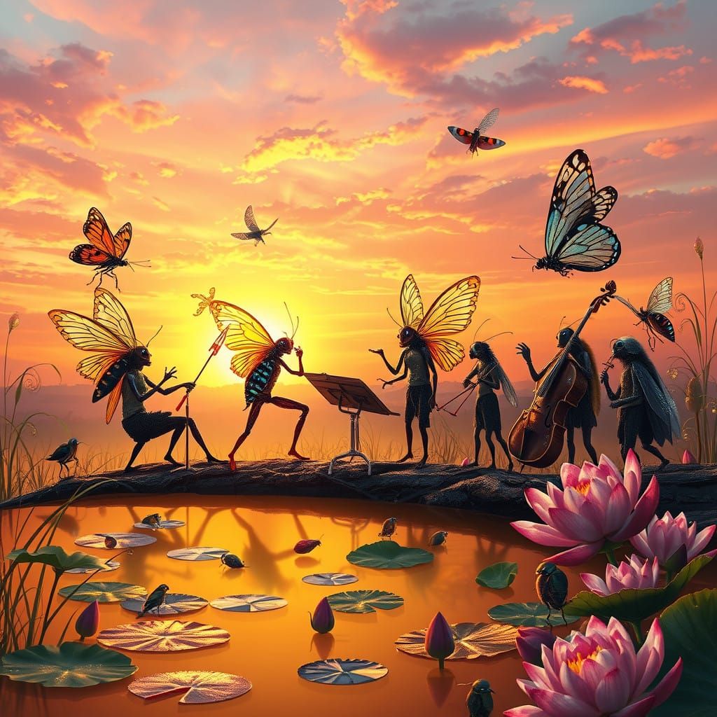 Orchestra of insects at sunset over a golden pond  by @Jon