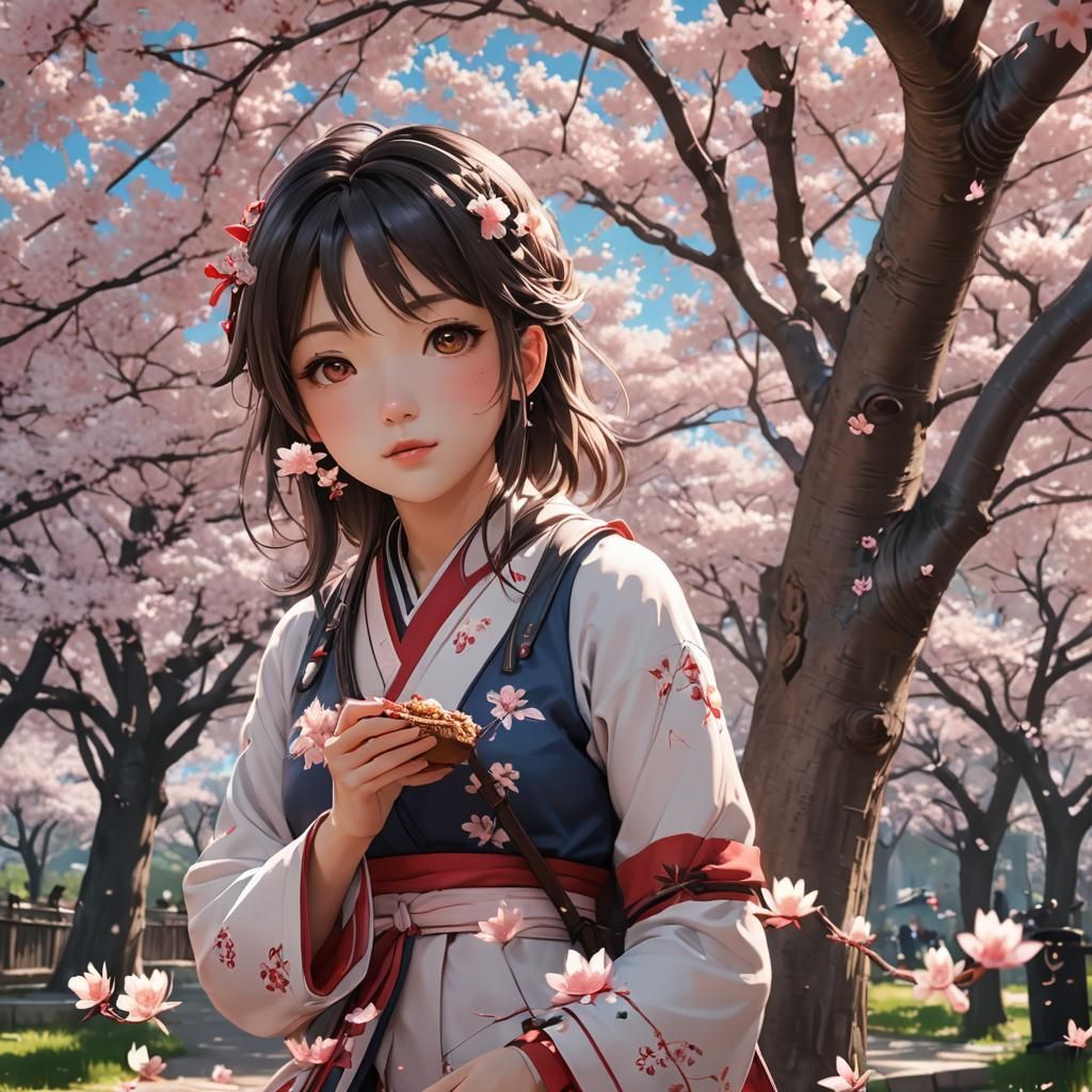 Sweet girl under cherry blossom tree eating sakuramochi