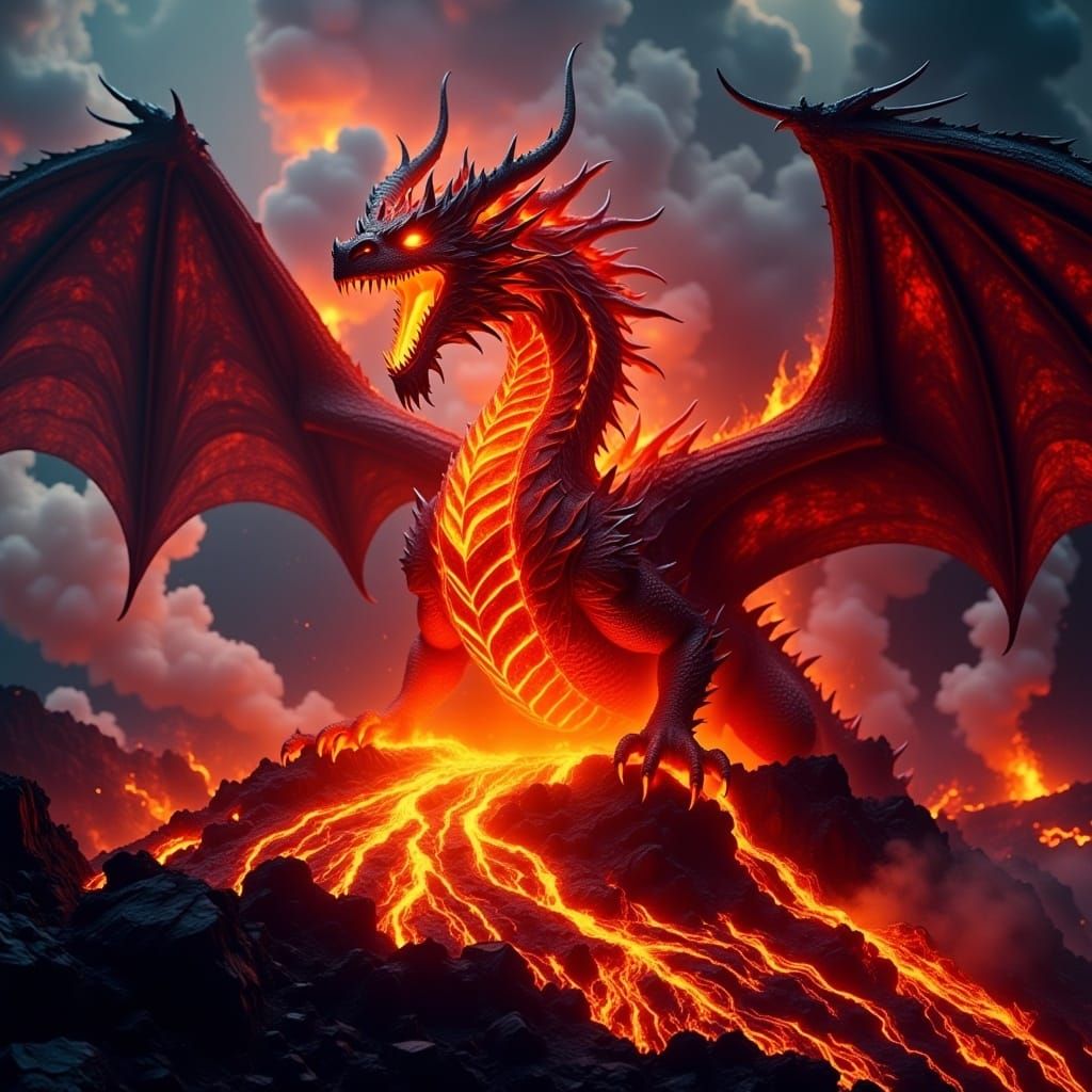 <lora:DragonV1:1.0> A colossal dragon made of molten fire soars above an erupting volcano, its scales glowing with fiery intensity. Lava flo...