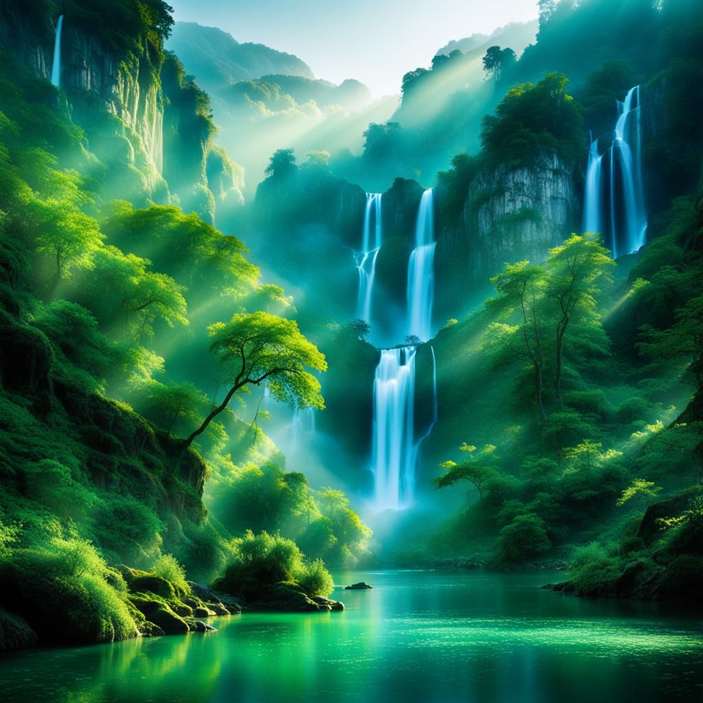 Ethereal Beauties Bathing in a Waterfall Valley