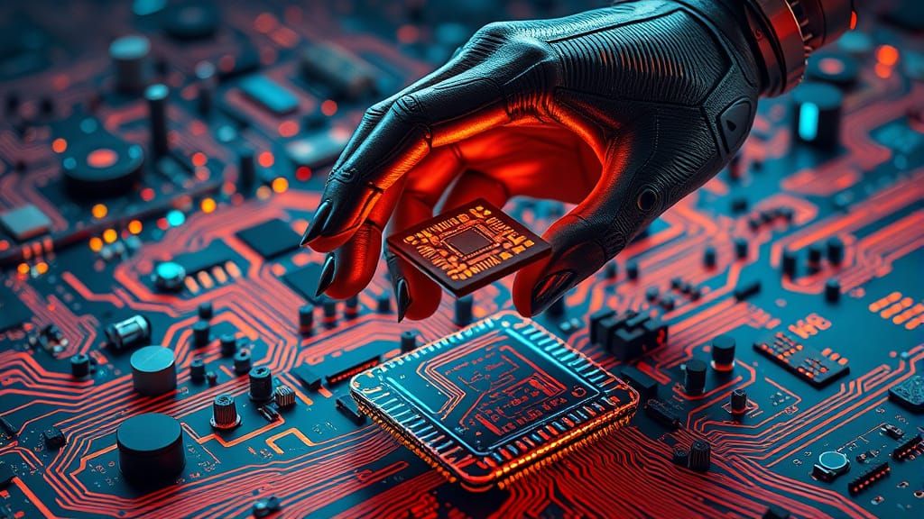 Biomechanical Hand Grasps Microchip in Neon Dreamworld