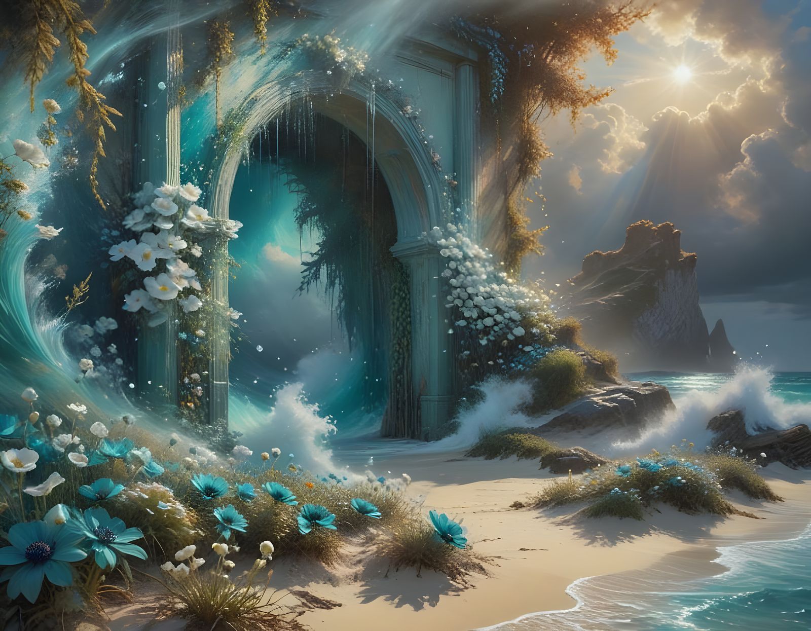 Teal clear water waves storming through portal on to a calm white sand beach. Reality crumbles and breaks ...  by @Heidi25