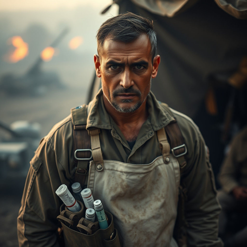 1girl, A battle-hardened medic stands ready at a field stati...