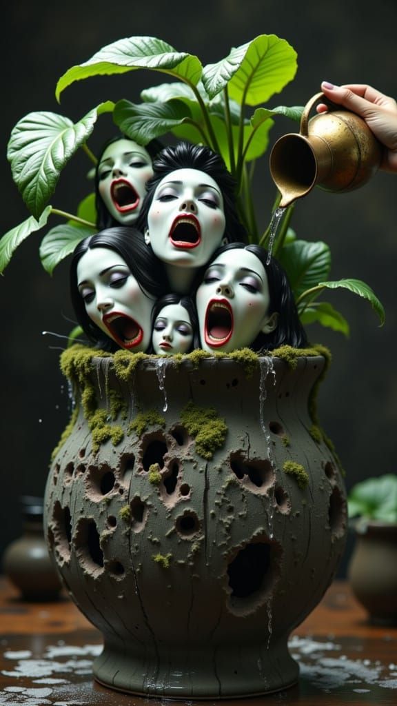 Eldritch Geisha Faces Erupt from Ancient Pot in Surreal Ligh...