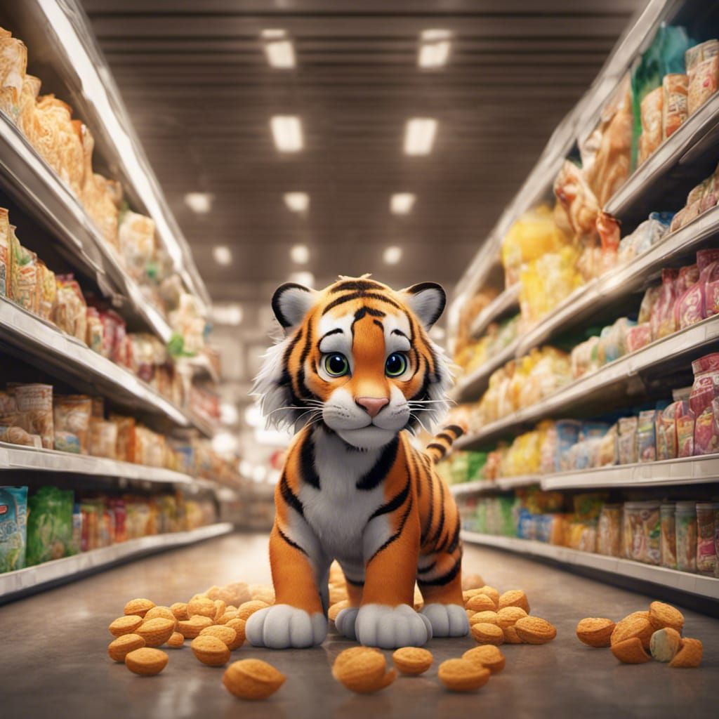 a very cute, detailed tiger shopping the cereal aisle in a g...