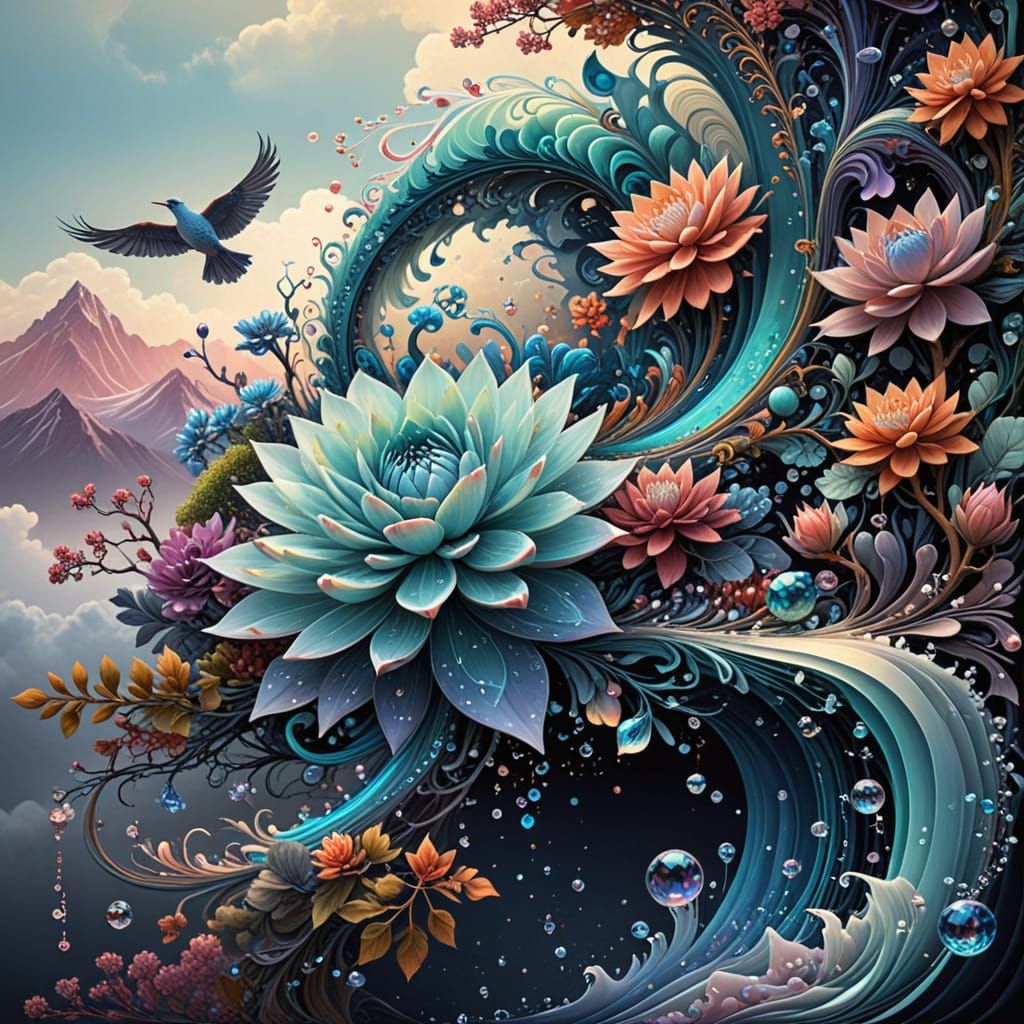 Surreal Ink Painting on Scroll: Whimsical Wildlife Amidst Na...