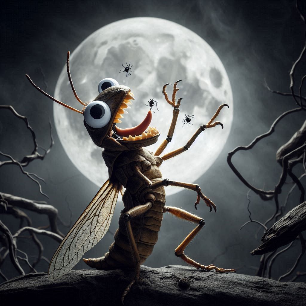 a surreal and unsettling scene of a grasshopper with googly eyes, transformed into a werewolf-like figure. 🌕 🦗