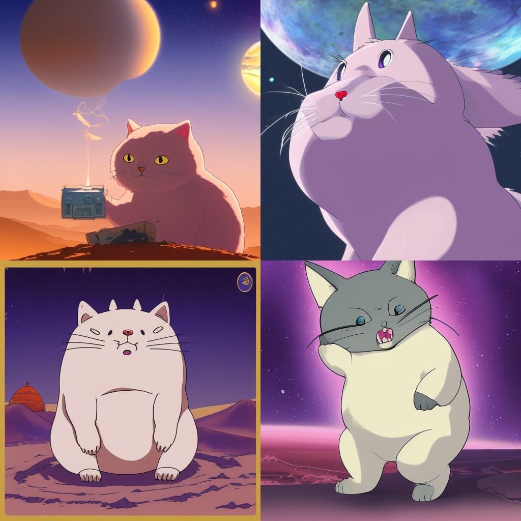 big chubby purple cat on mars eating cake