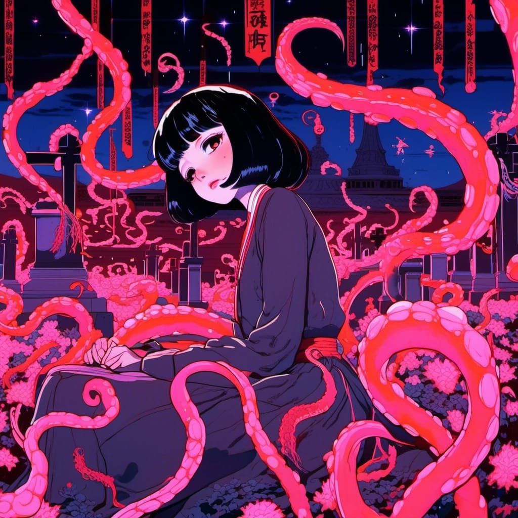 surreal hyperintricate maximalism with swirling line decorations squid tentacles scenery, sitting on a cemetery grave, depressed emotion fea...