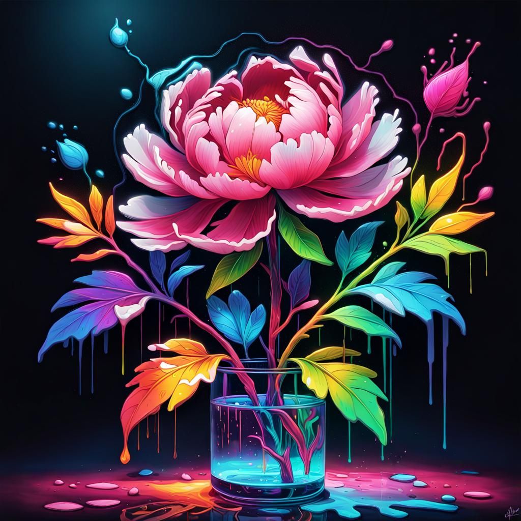 I am a peony glass flower with neon leaves on with flowing down