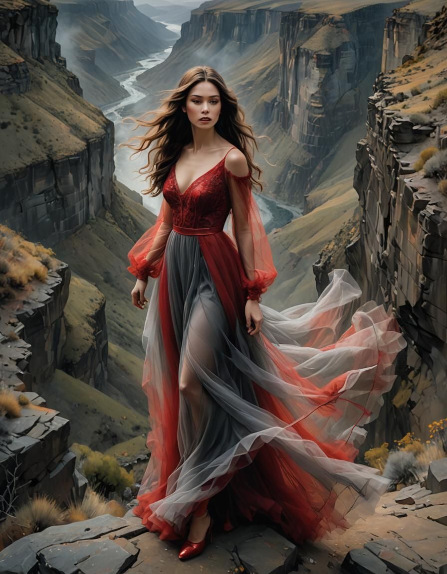 Beautiful long haired woman in a fancy, delicate transparent...