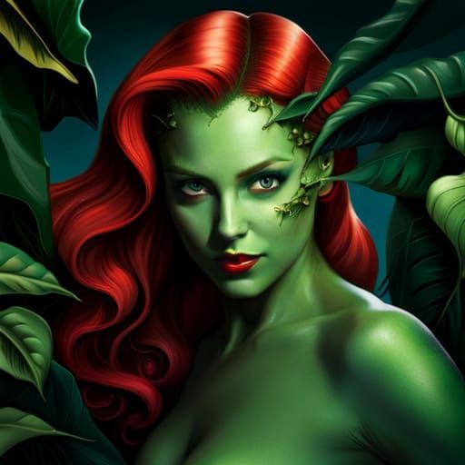 photorealistic shot of poison ivy as depicted in batman movie, covered ...