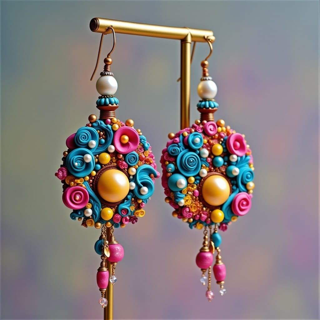 <lora:Making Jewelry:1.0> Intricately crafted polymer clay earrings adorned with vibrant, bright colored beads, luminous pearls, and sparkli...