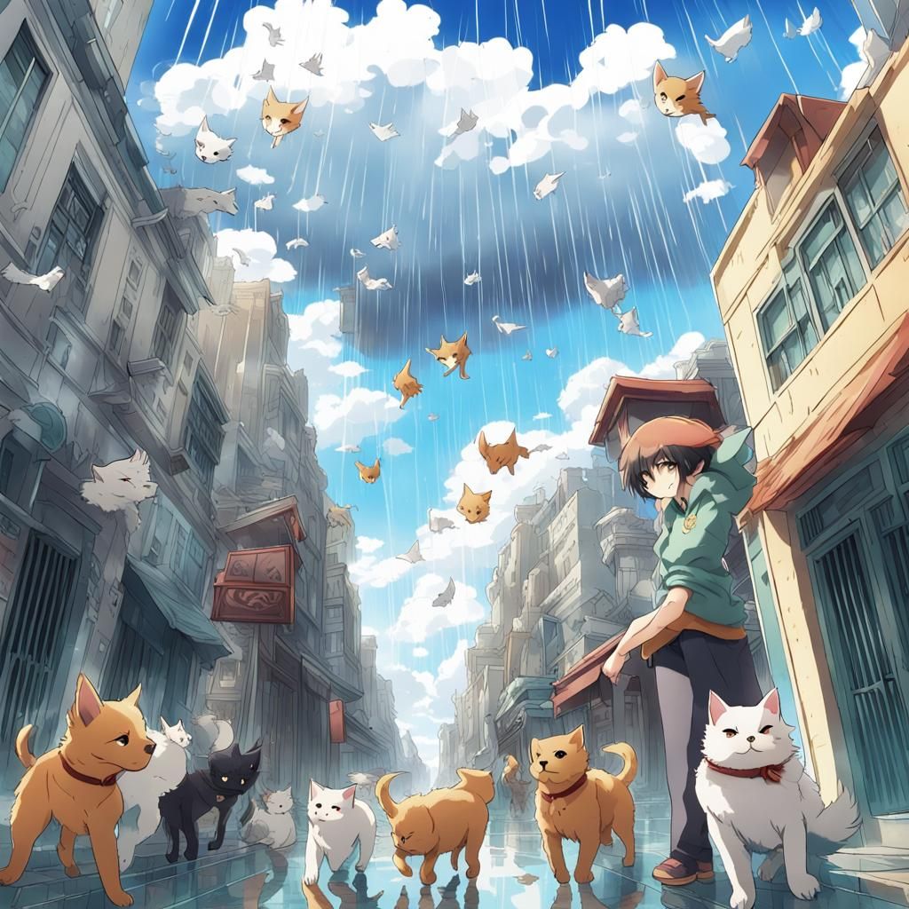 Cats and Dogs Rain on Atlantis in Anime Style