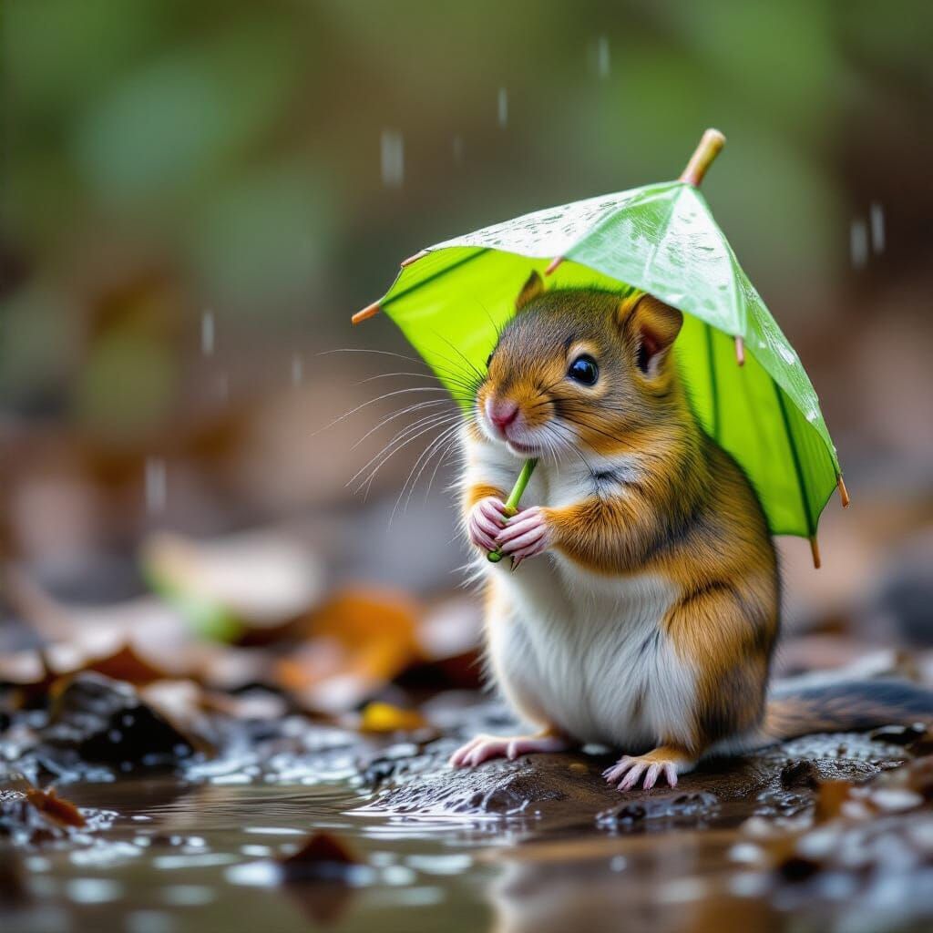 Small Mouse with Lotus Leaf Umbrella on Wet Rock in Gentle R...