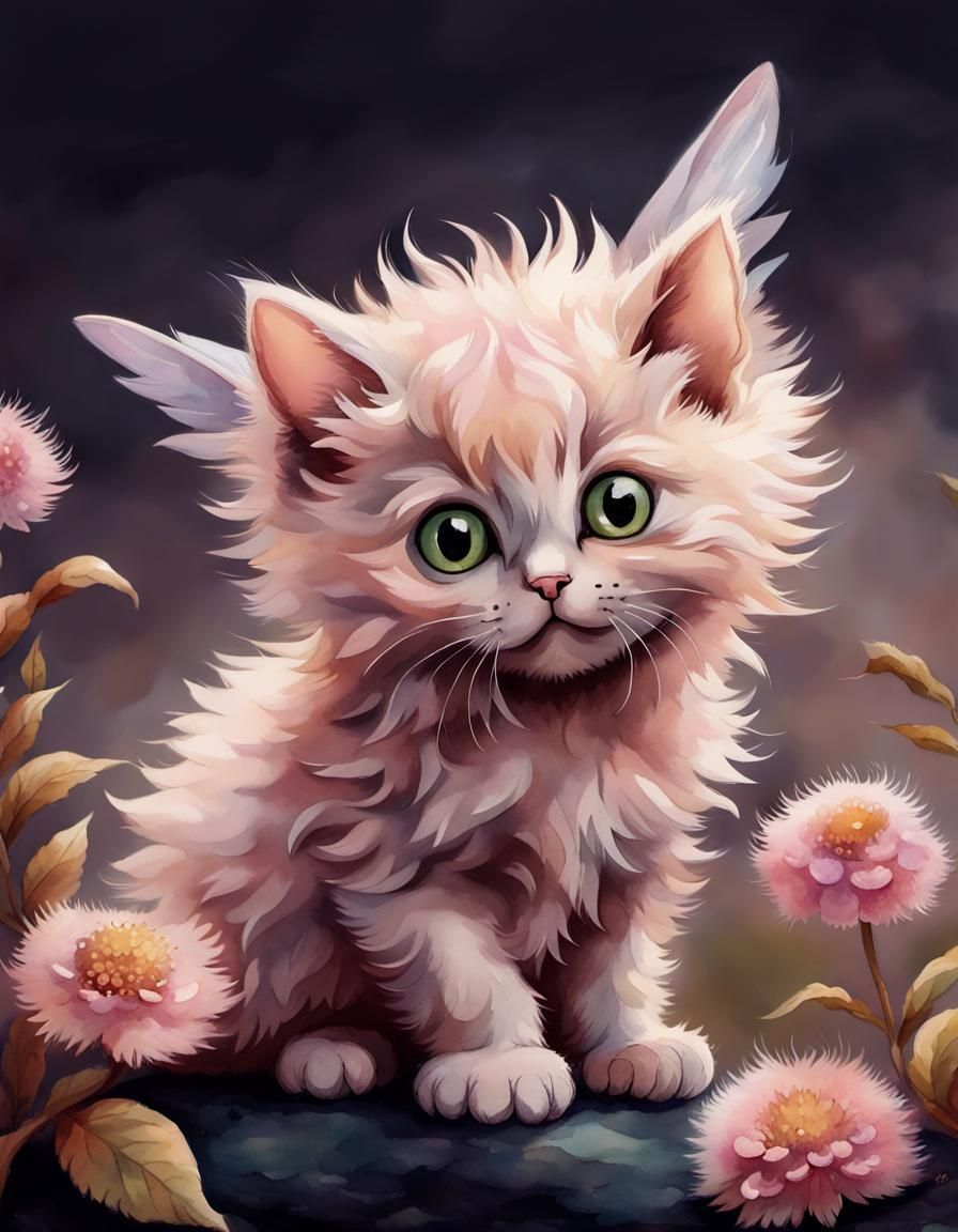 Cartoon anime angel kitten view from behind by Beatrix Potte...