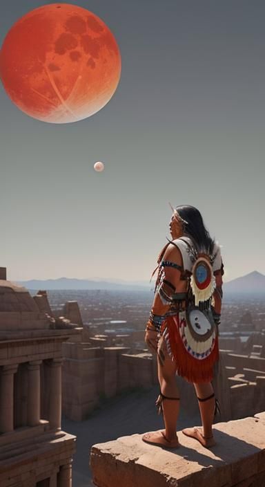 A native american overlooks a beautiful  and Ancient City, 2 moons and a red planet are in the sky, 