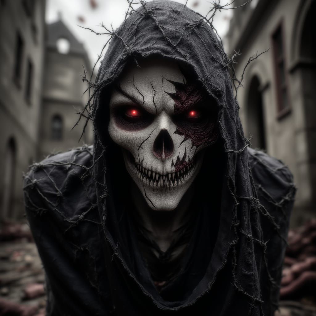 <lora:Obscured Horror:1.0> A professional rendering, hyper-realistic, highly detailed close mid-shot of a stitched revenant, leaning slightl...