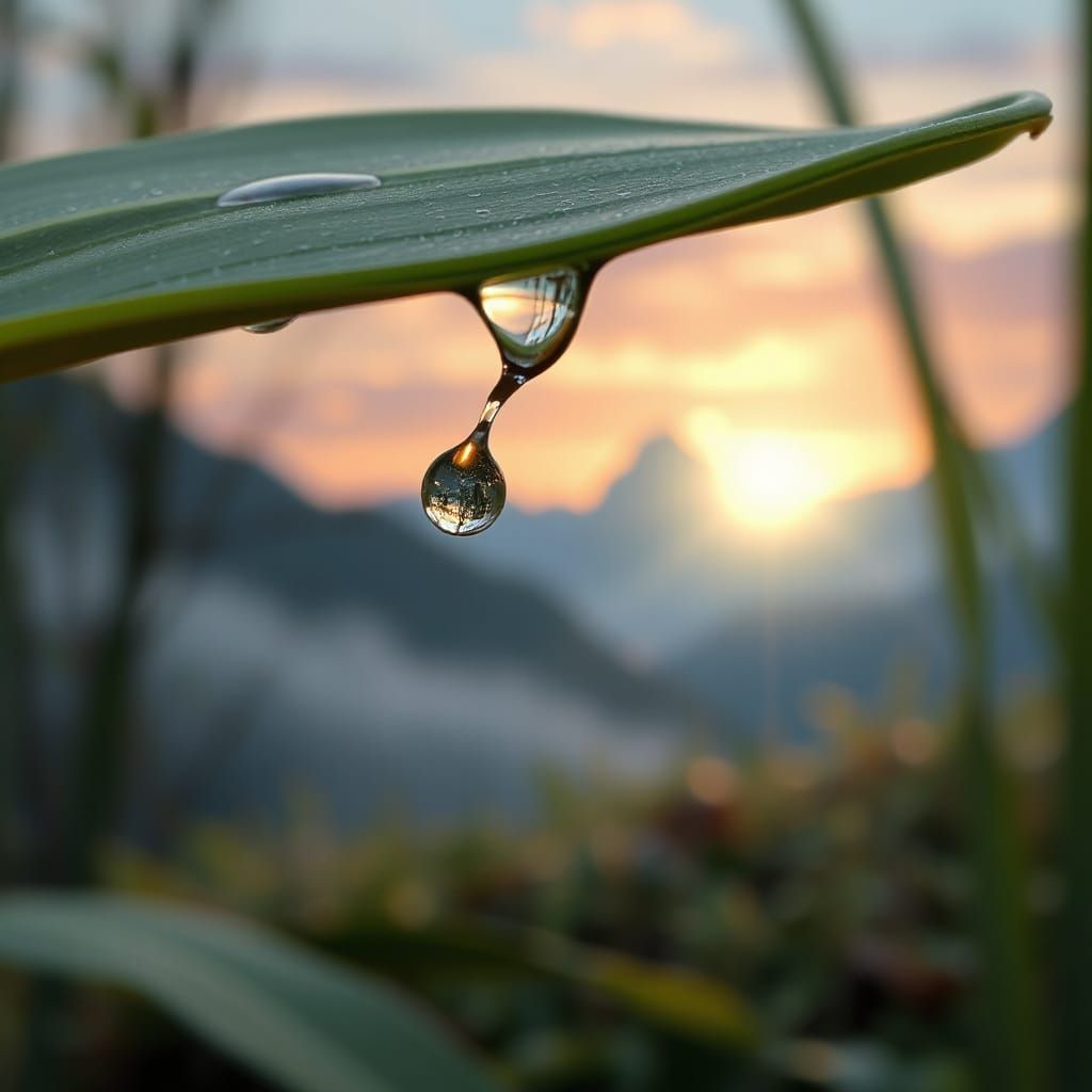 Dewdrop on Leaf in Mystical Realism Style