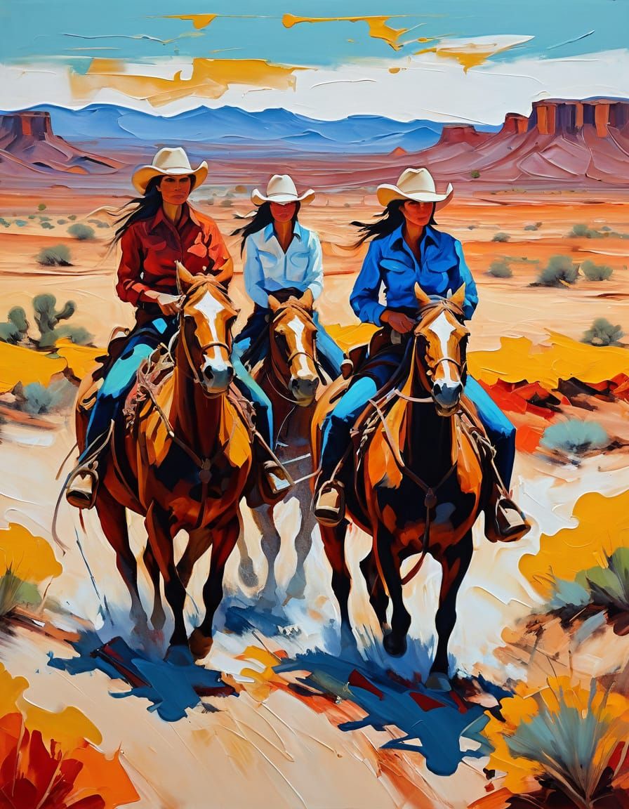 Cowgirls in the wild west by Pino Daeni, Jeremy Mann, Carne Griffiths, Wadim Kashin, James Gurney, abstract art complementary colors fine de...