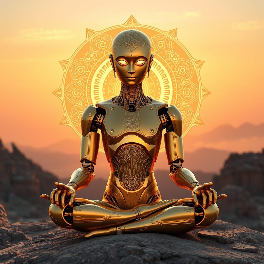 Golden Robot in Serene Meditation Pose