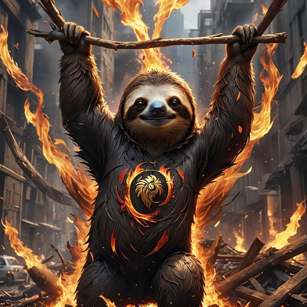 A sloth happily rising from the ashes, the ashes are only on...
