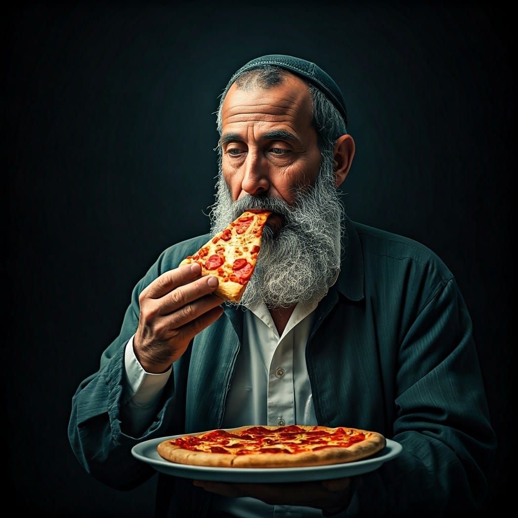 Israeli Man Enjoys Pizza in Traditional Clothing