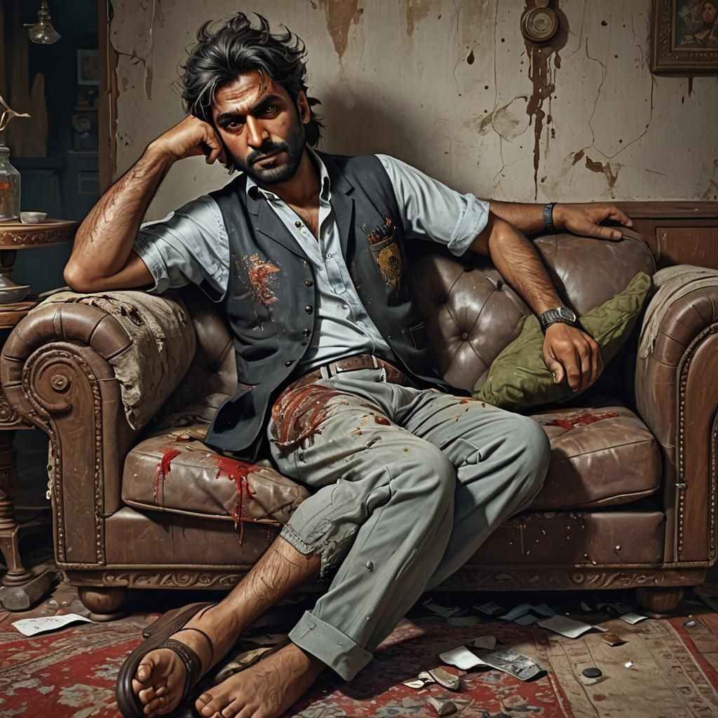 A 35 year old pakistani man lying drunk on the sofa, one leg...