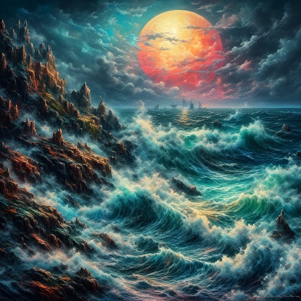 The ocean, waves crashing against rocks, sea spray. Under a huge full moon. Colorful. Perfect composition. Maximalist. 3D. Depth of field <l...