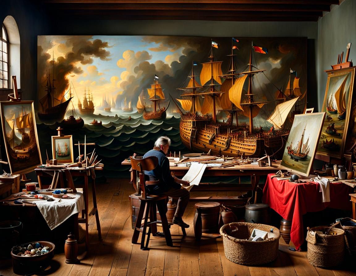 scene of the artist painting Navy battle scene  by @moowokuorn