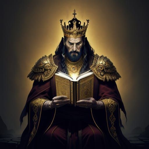 King Removes Crown Majestically Before Glowing Tome