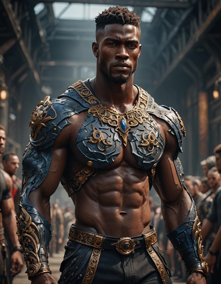 A handsome black model on the runway, muscular yet not bulky, perfect cheek bones  by @GlozWurld 